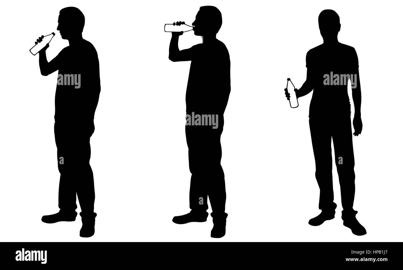 Silhouettes of men drinking from bottles isolated on white Stock Photo