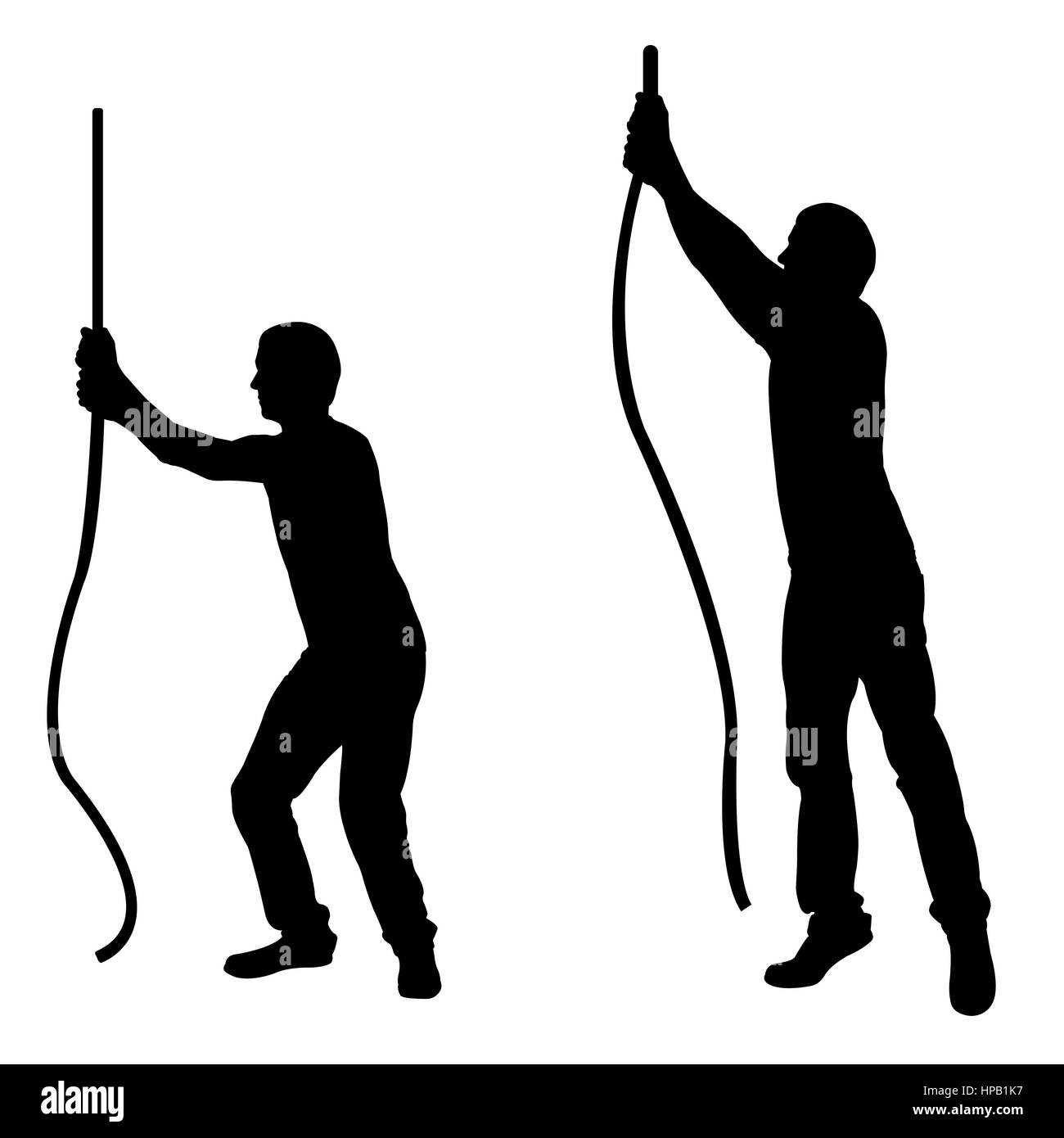 Silhouettes of men pulling ropes isolated on white Stock Photo