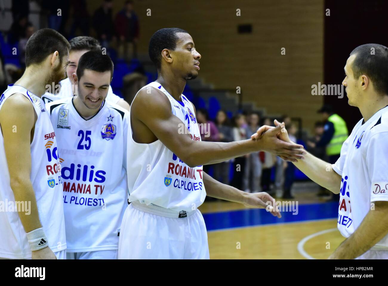 March 17, 2015: From left to right: Michalis Pelekanos, Adrian Movileanu,  Jermaine Jonte Flowers and Vlad Dogaru the Romanian Cup Basketball game  between CSU Ploiesti (ROU) and BC Timisoara (ROU) at Sala