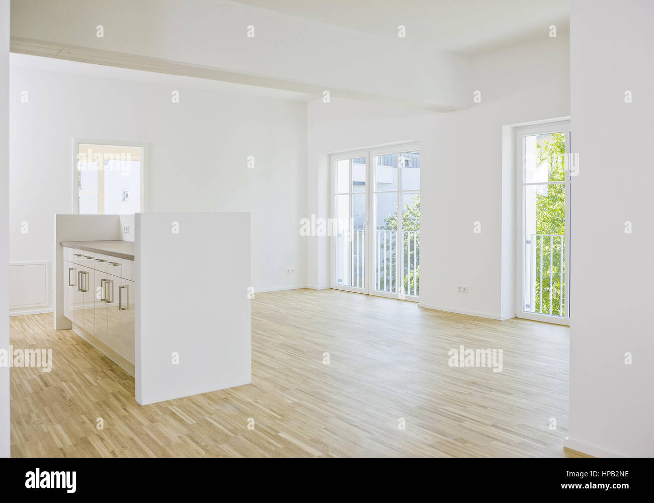 Leerer Wohnraum mit Parkettboden Stock Photo