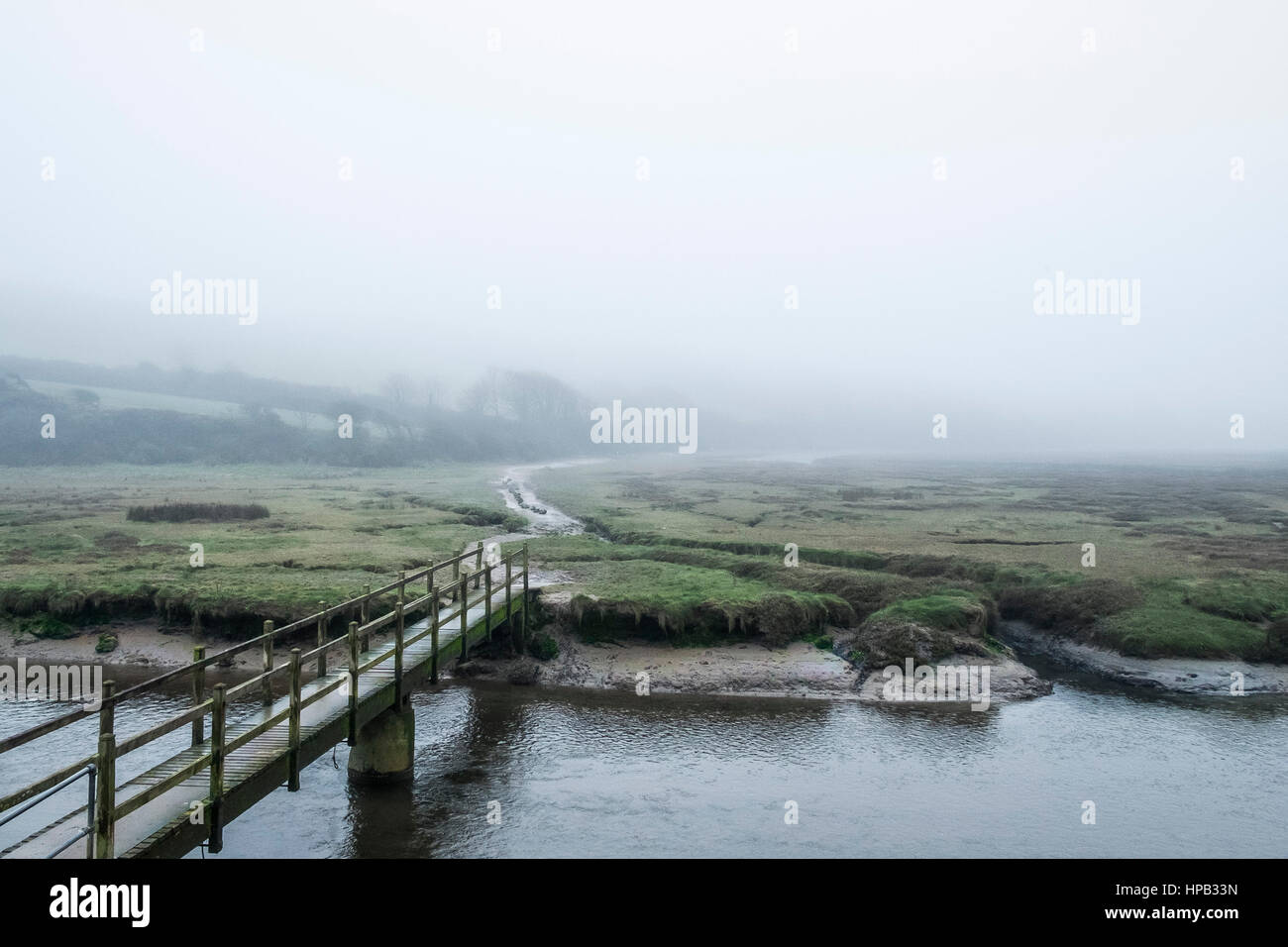 UK weather Misty day Gannel River Footbridge Gannel Estuary Newquay