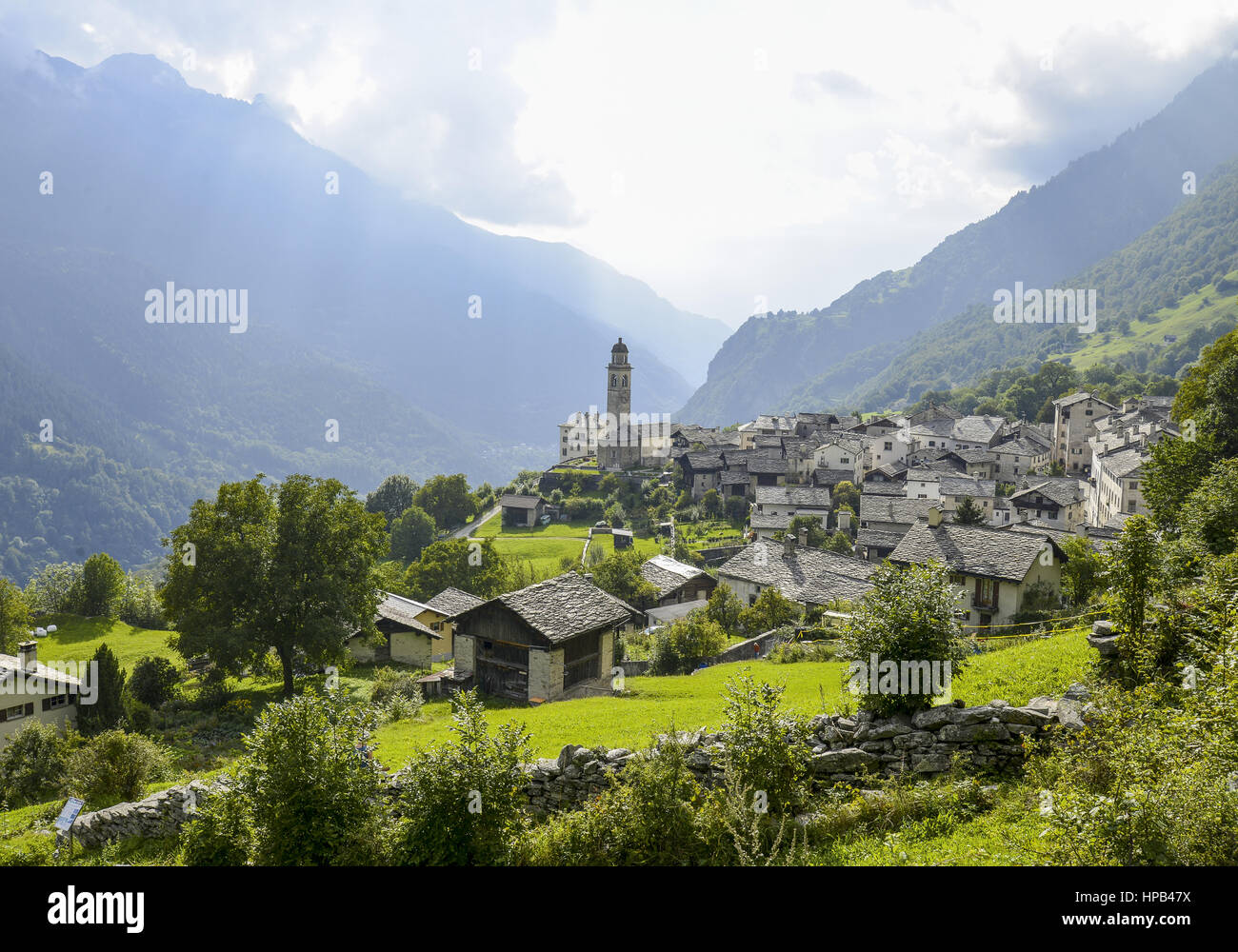 Bergdorf Soglio, Bergell, Graubuenden, Schweiz Stock Photo