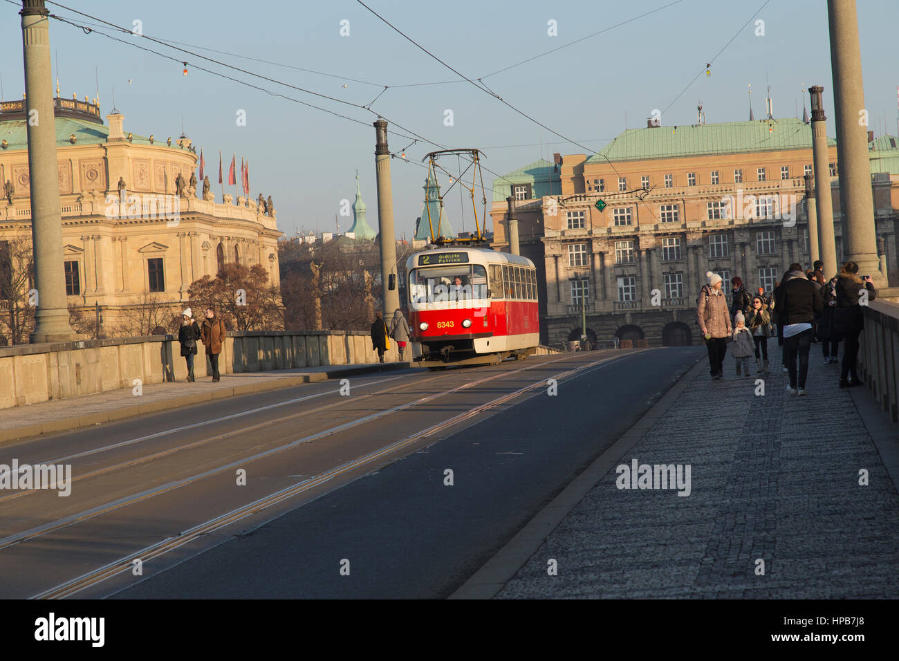 Tram travelling over the Manesuv bridge in Prague Czech Republic Stock Photo