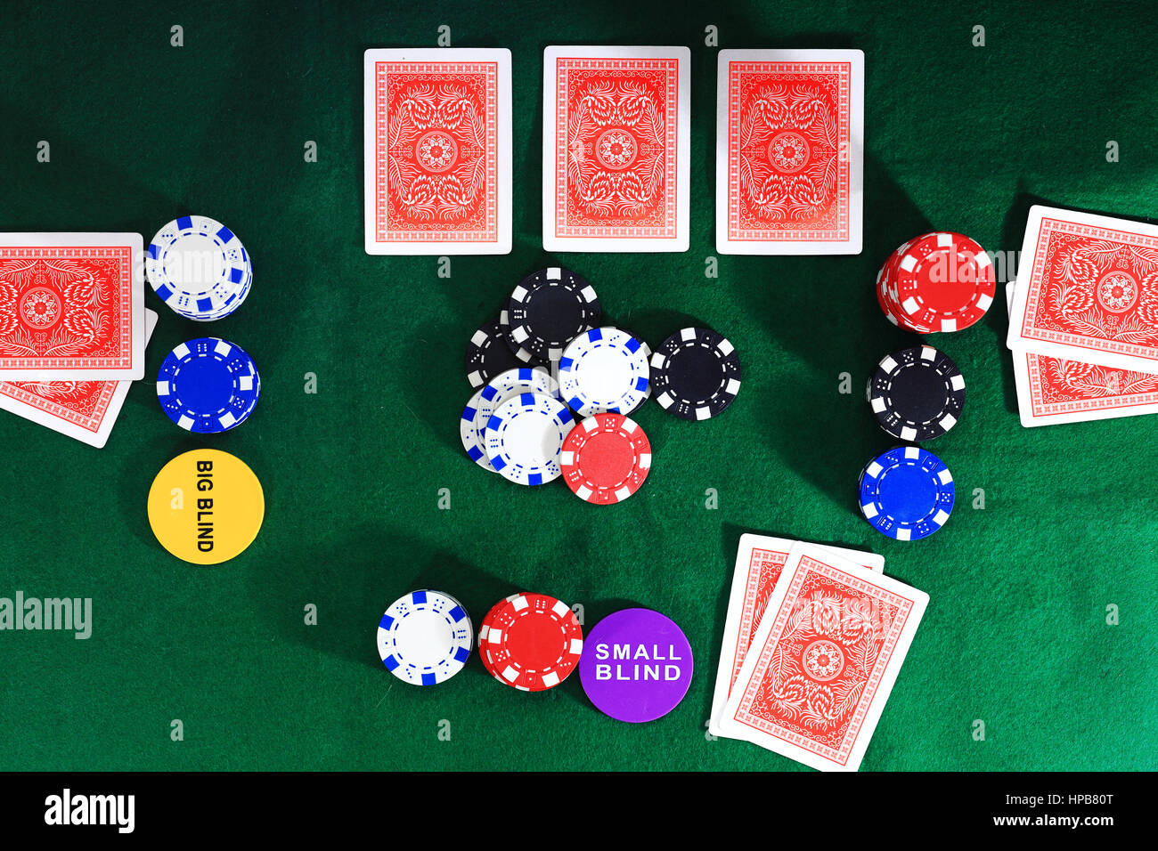 Top view of poker play . Close up of poker round. Casino chips and cards on green table. Games of chance background. Online casino concept Stock Photo