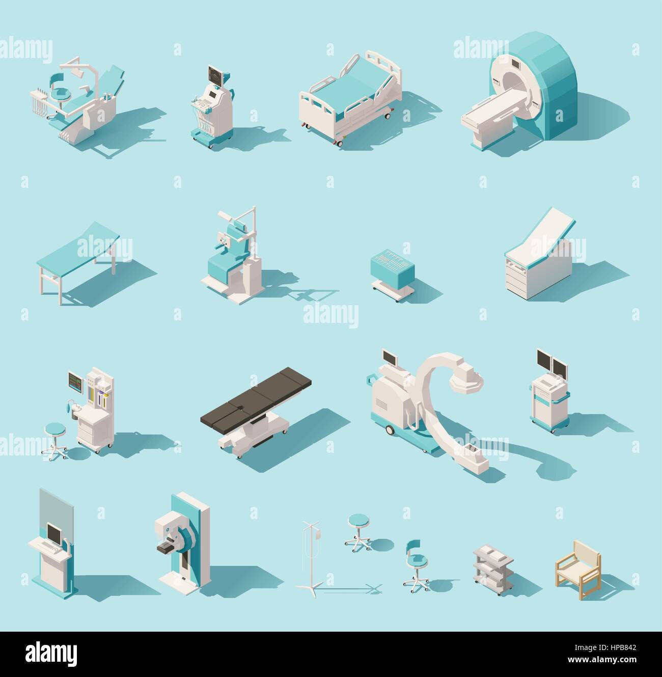 Vector isometric low poly medical equipment set Stock Vector