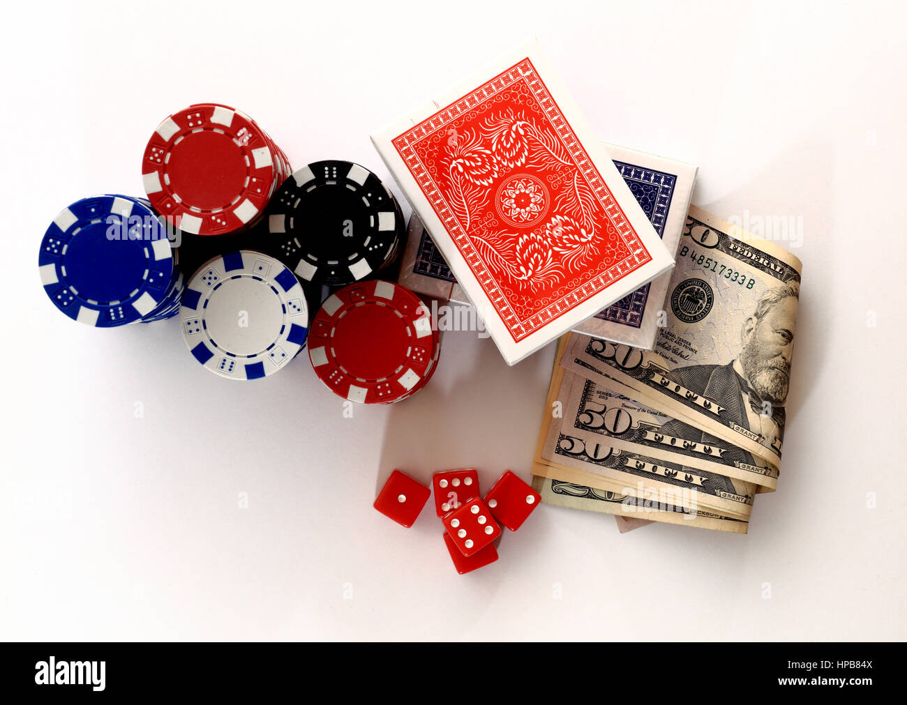 Money chips dice cards from above. Poker set from above. Close up of