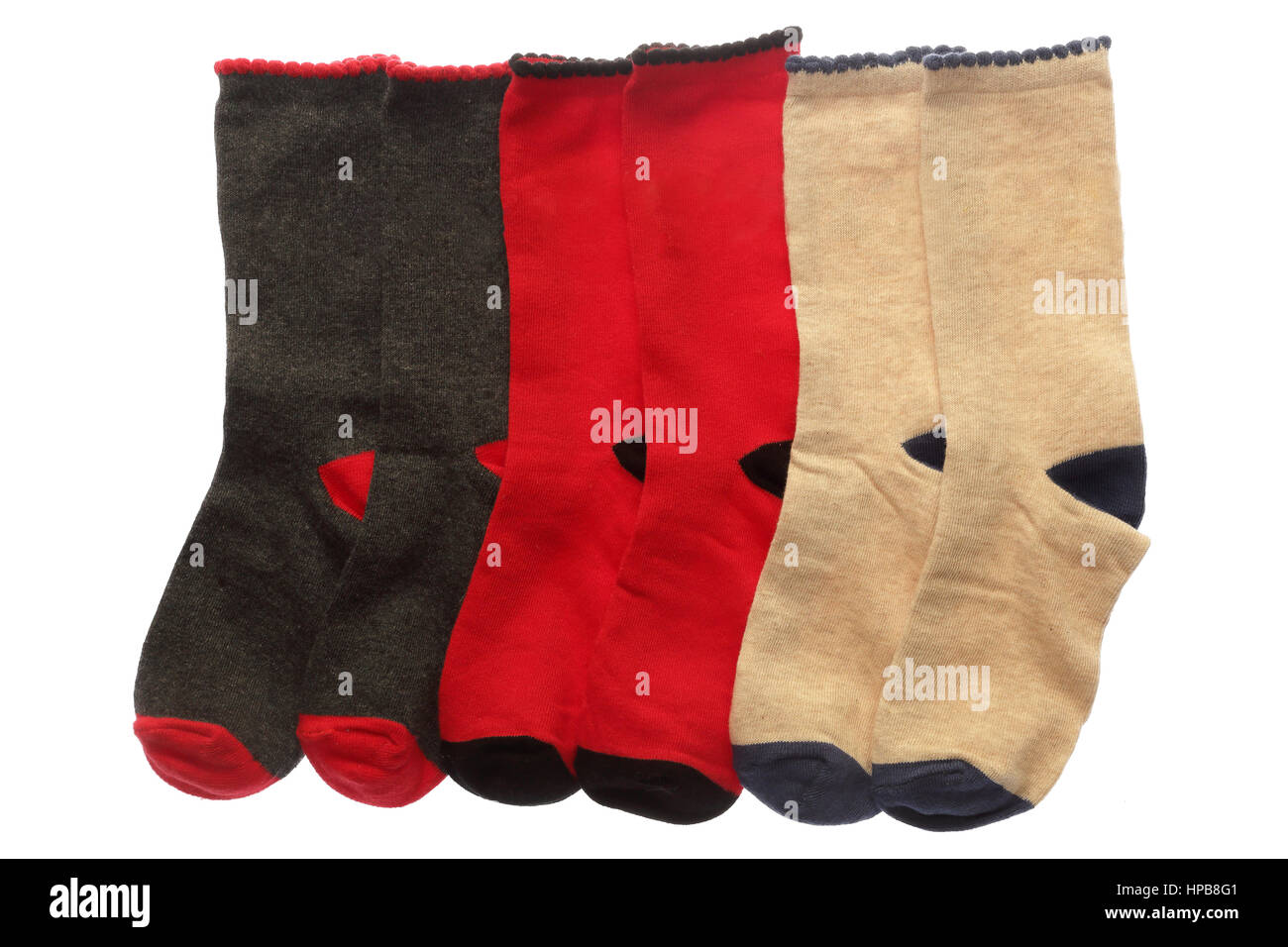 Socks isolated on white background. Color socks close up. Red black