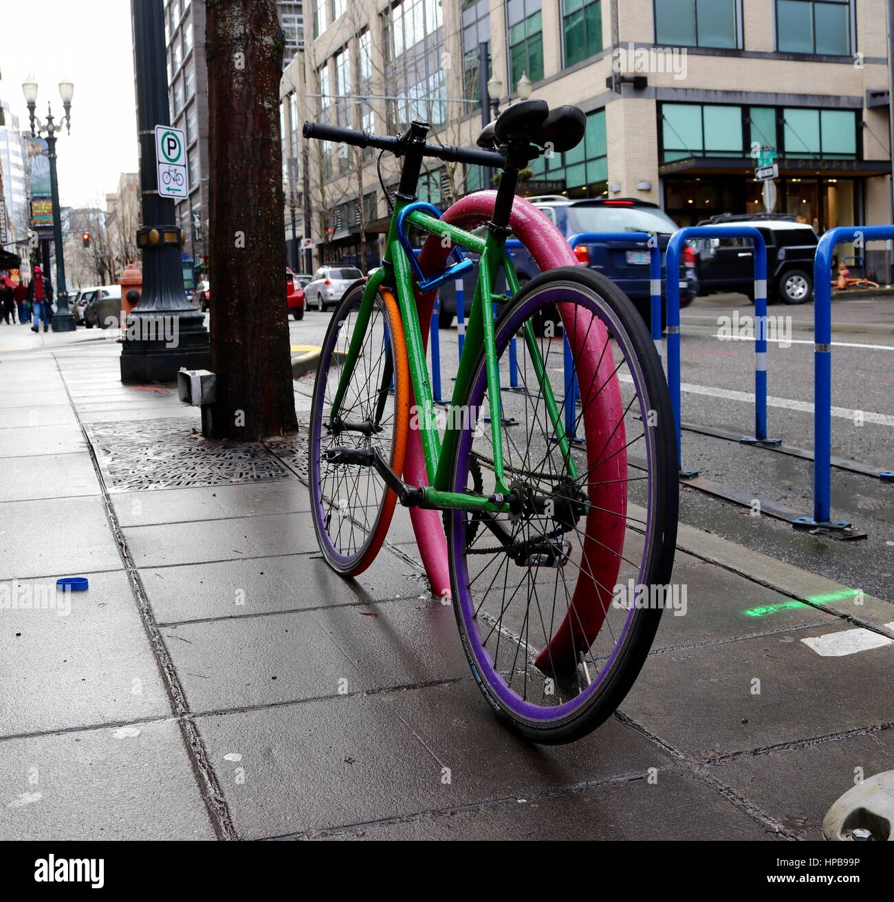Colorful bicycle on Portland street. Stock Photo