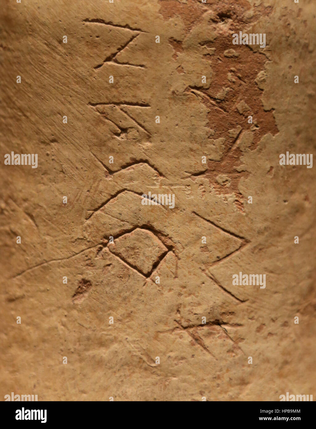 Romanization of Hispania. Wine amphora. Clay. 2nd -1st century BC. Cabezo de Alcala, Spain. Iberian Script. Detail sgraffito signs. National Archaeolo Stock Photo