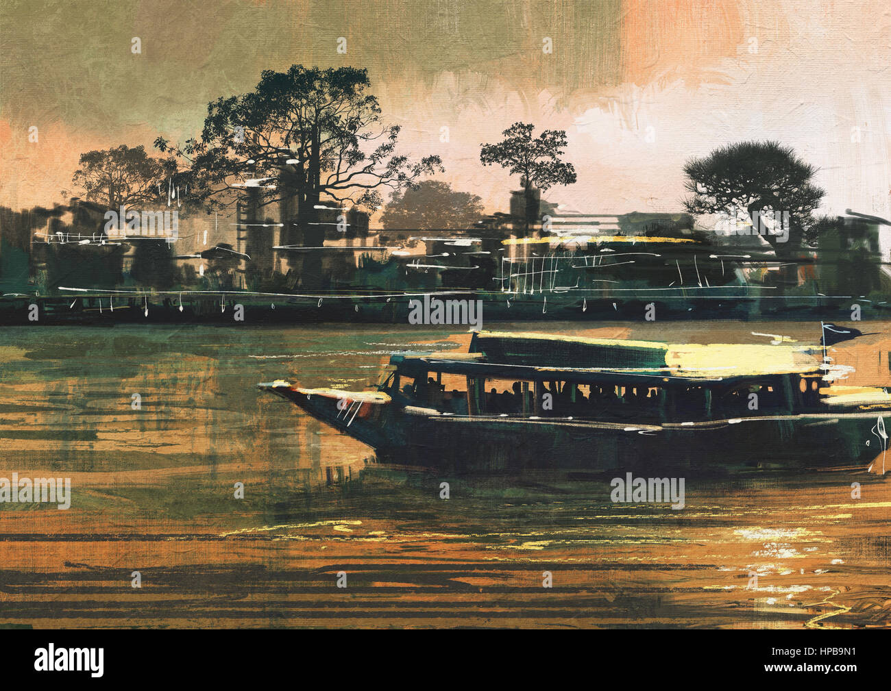 painting showing ferry carries passengers on river Stock Photo