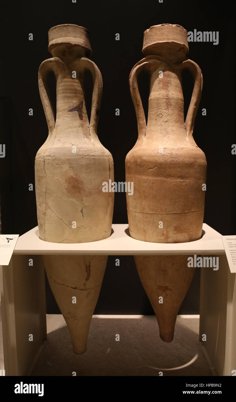Romanization of Hispania. Wine amphora. Clay. 2nd -1st century BC. Cabezo de Alcala, Spain. Iberian Script. National Archaeological Museum, Madrid. Sp Stock Photo