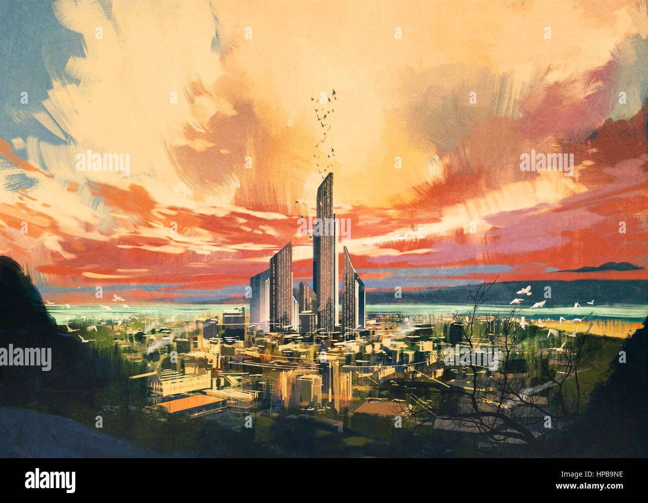 sunset from the city tower anime digital art illustration paint background  wallpaper ilustração do Stock