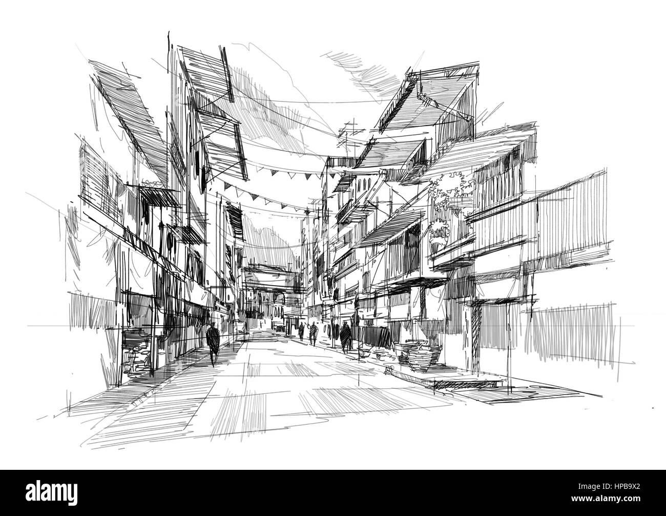 rough sketch of the old street market Stock Photo