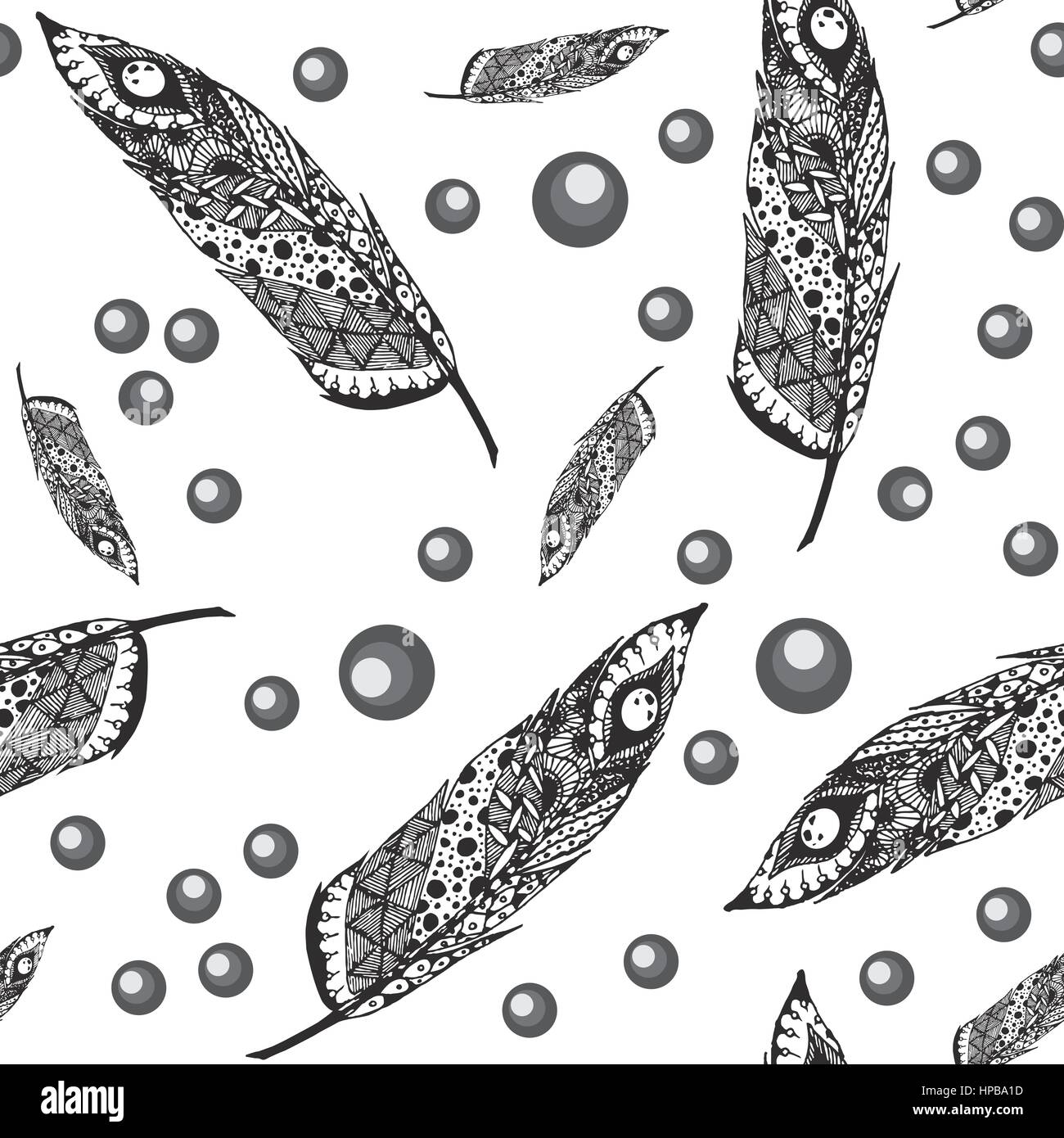 Hand drawn doodle zentangle feather isolated from background. Black and ...