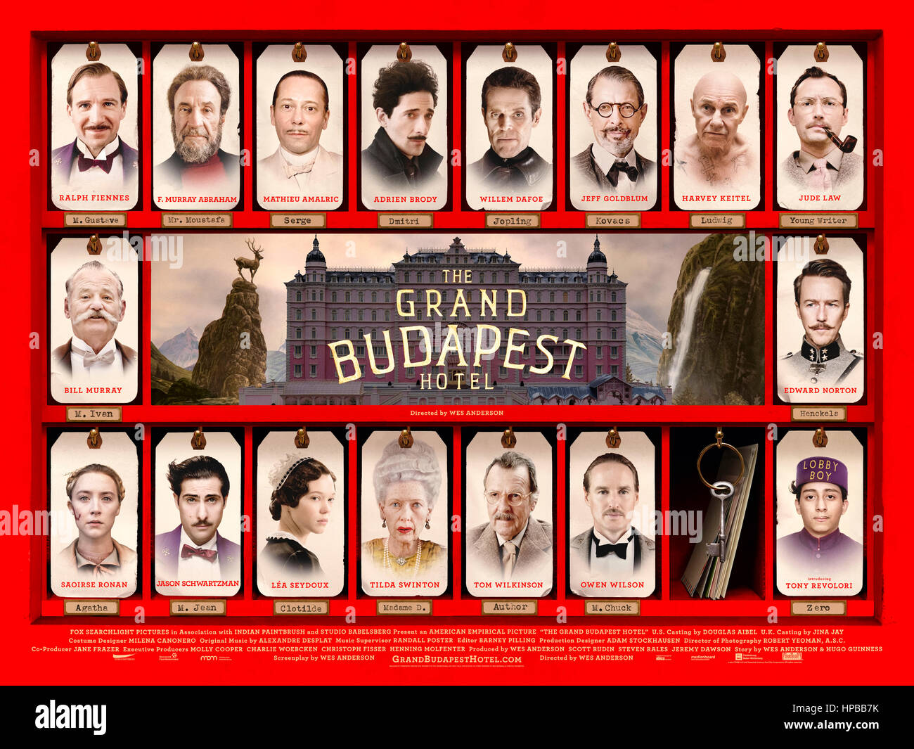 The Grand Budapest Hotel (2014) directed by Wes Anderson and starring Ralph Fiennes, F. Murray Abraham and Mathieu Amalric. Award winning comedy starring an ensemble cast about a hotel concierge who is framed for murder and must prove his innocence. Stock Photo