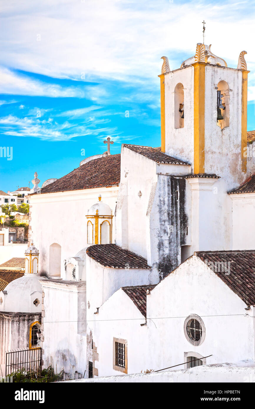Church and white facades old village Tavira in Alentejo, Portugal, Europe. Stock Photo