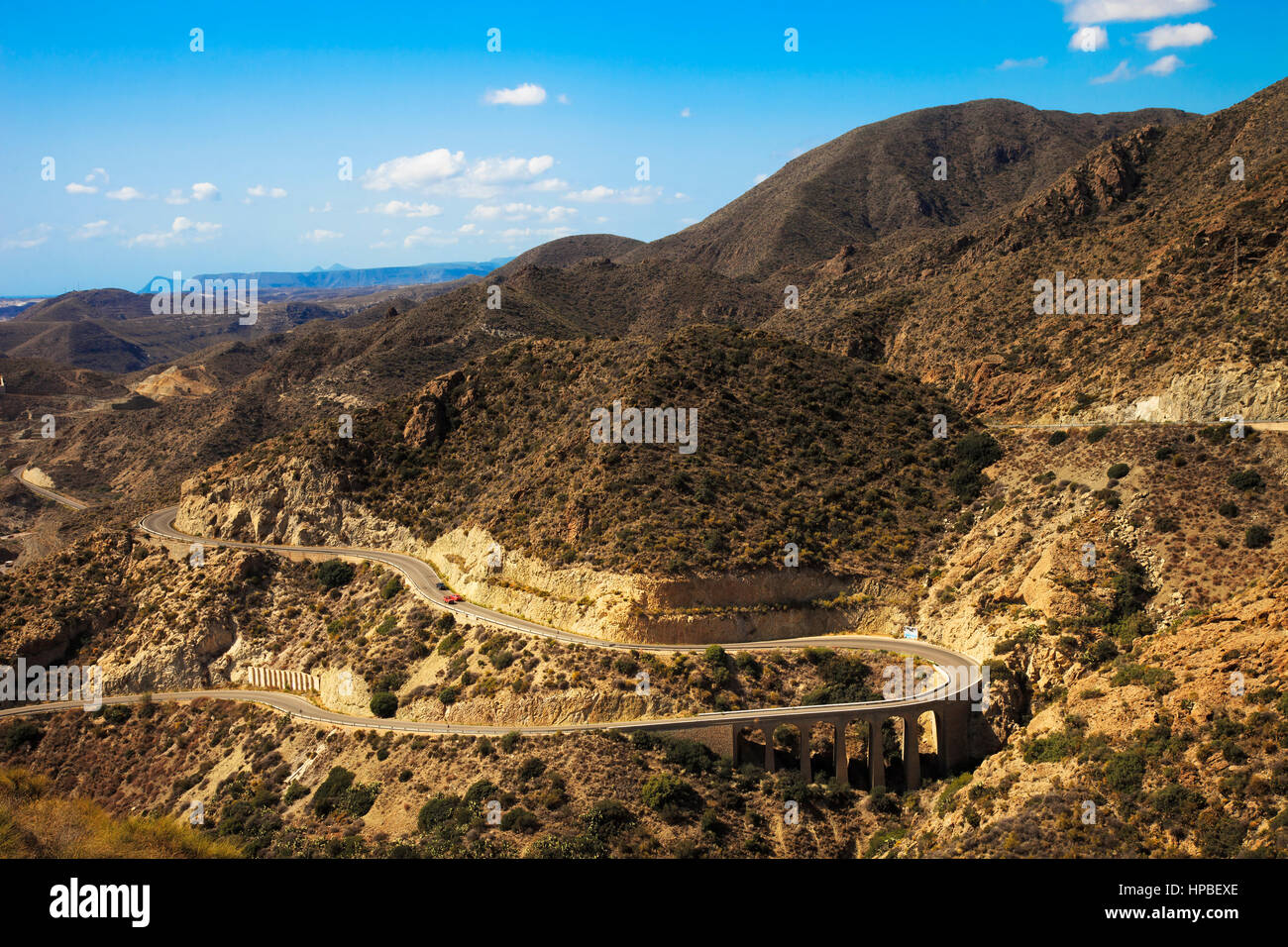 Andalusia, landscape. Road in Cabo de Gata Park near Carboneras, Almeria, Spain, Europe. Stock Photo