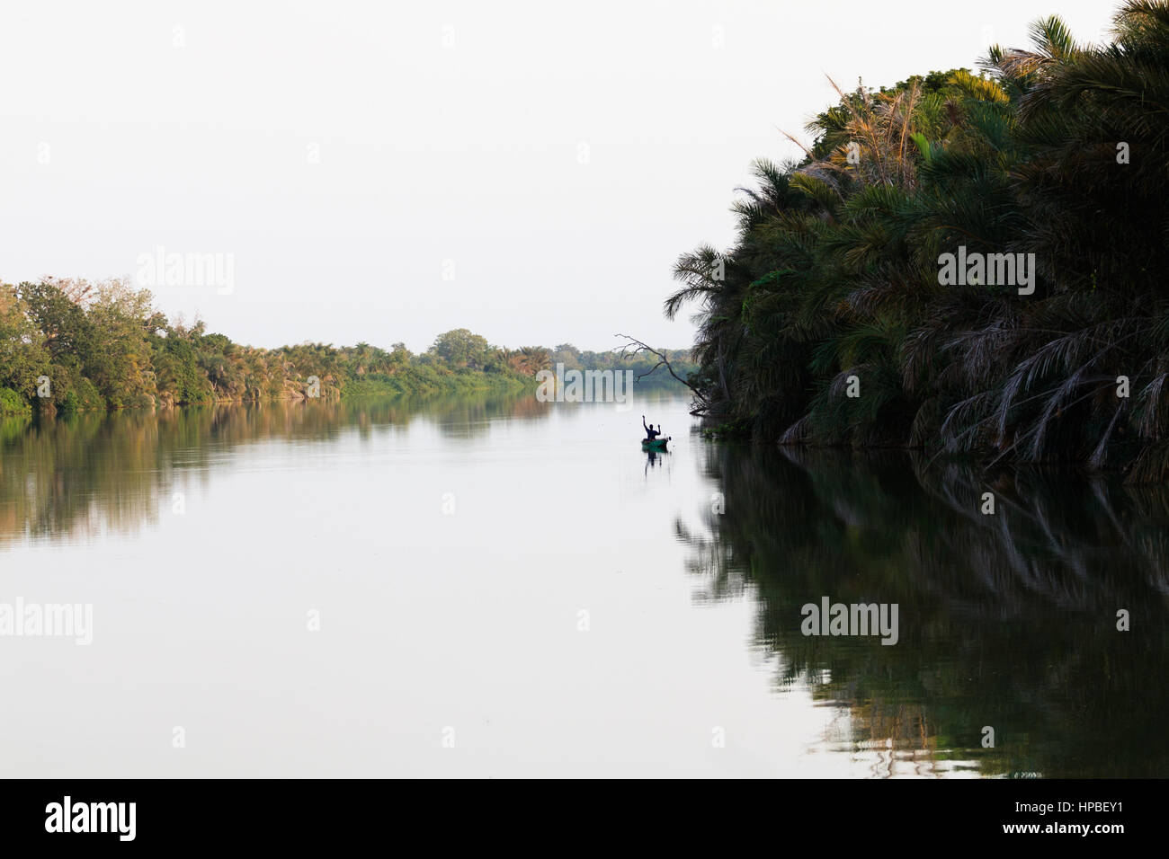 Dense riparian woodland and scrub is reflected in the glassy, mirror-like waters of the River Gambia Stock Photo
