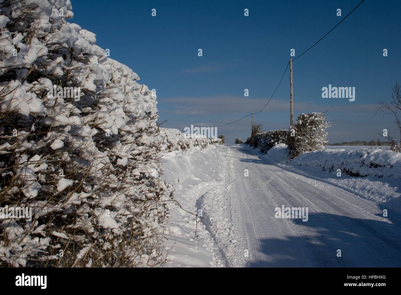 Country lane in snow on a sunny day,Wooton St Lawrence,Hampshire. Stock Photo
