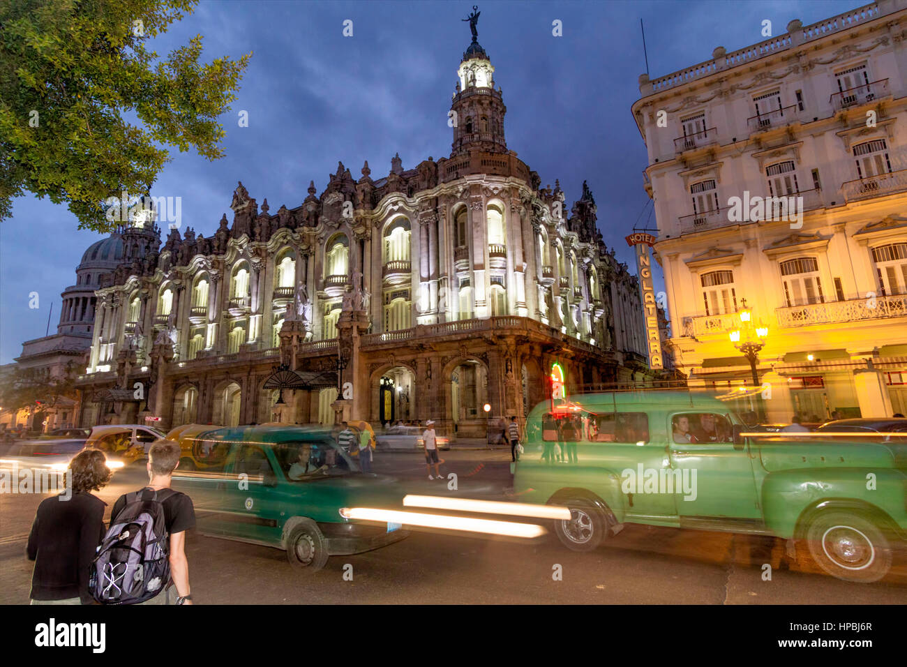 Gran Teatro de La Habana , Opera, Hotel Inglaterra, Paseo de Marti, Oldtimer, traffic, twilight, Havanna, Cuba Stock Photo