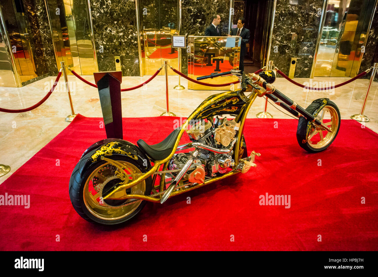 Trump Tower, Interieur, golden motorcycle, custom-made chopper for Donald Trump,  Lobby, Elevators, New York City, United States of America Stock Photo