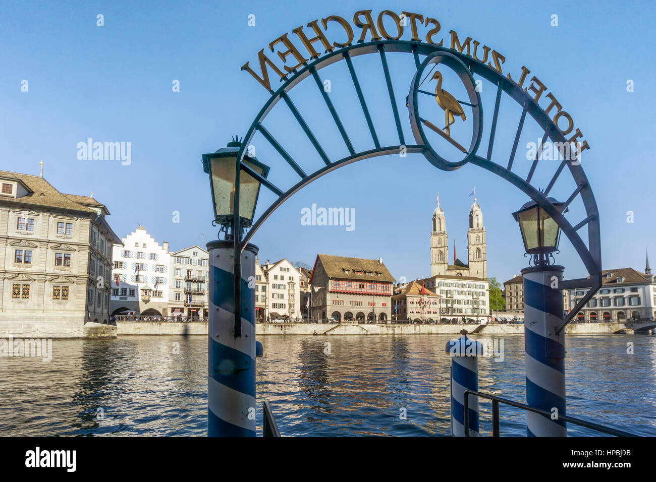 Pier Hotel Storchen , Limmat, Grossmunster, cathedral , Zurich, Switzerland Stock Photo