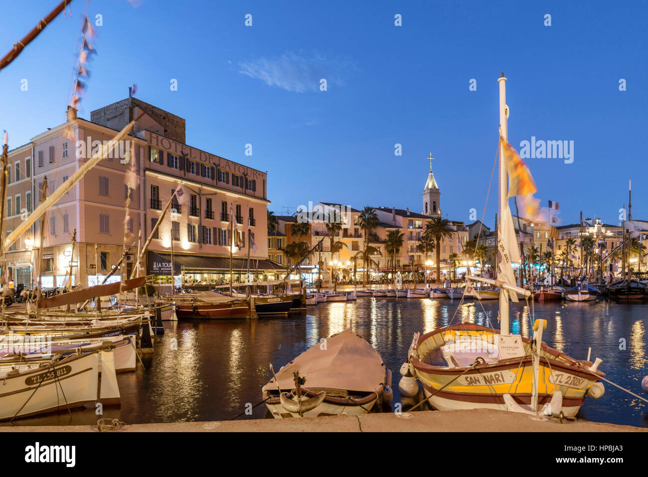 Mediterranean Fishing boats at Sanary-Sur-Mer , twilight, Promenade, Mistral Clouds, French Riviera,  Cote d Azur, France Stock Photo