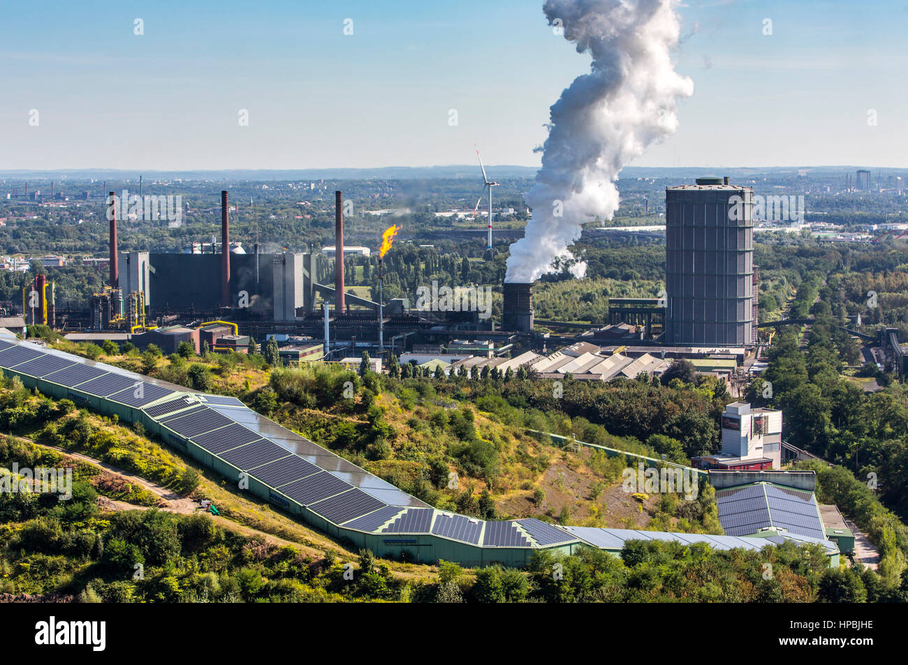 Coking plant Prosper in Bottrop, behind the coking plant Zollverein, in Essen, front roof of the ski hall Bottrop with solar modules, belongs today to Stock Photo