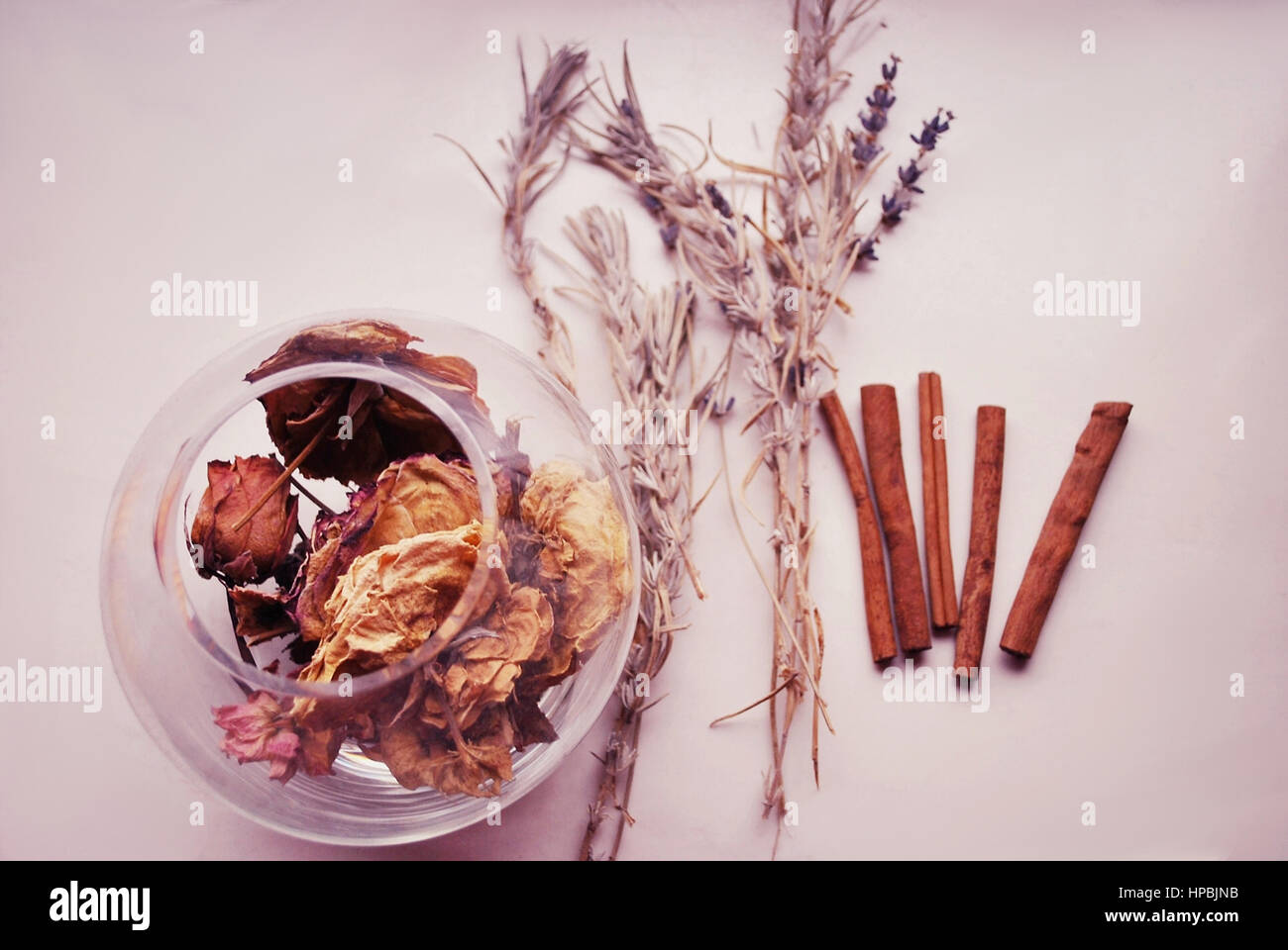 Cinnamon, lavender and dried roses - smells of summer. Stock Photo
