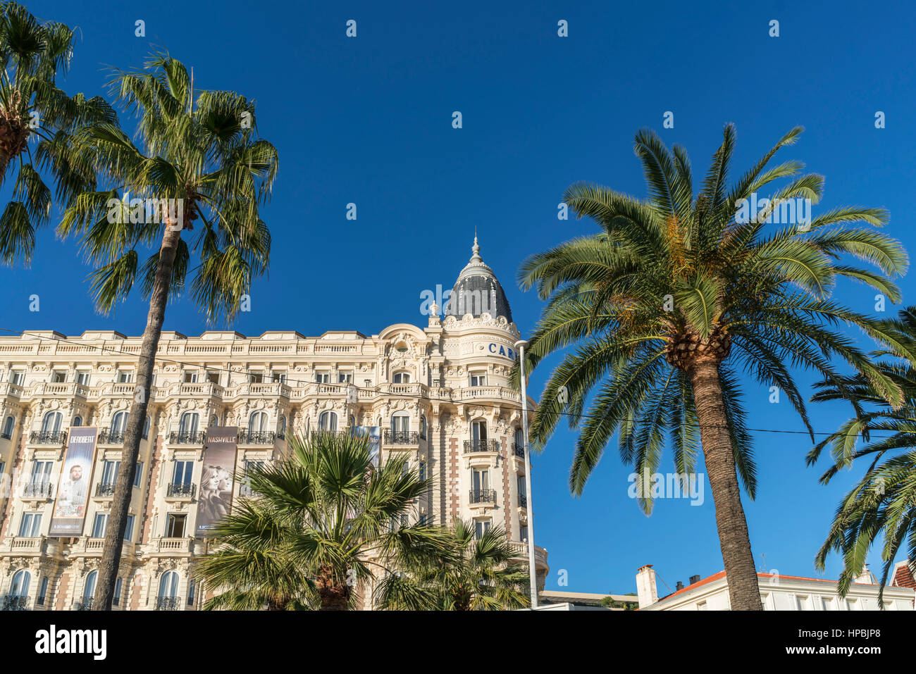 Carlton, Hotel, Facade, Promenade de Coisette,  Palm tree, Cannes, Cote d'Azur, France, Stock Photo
