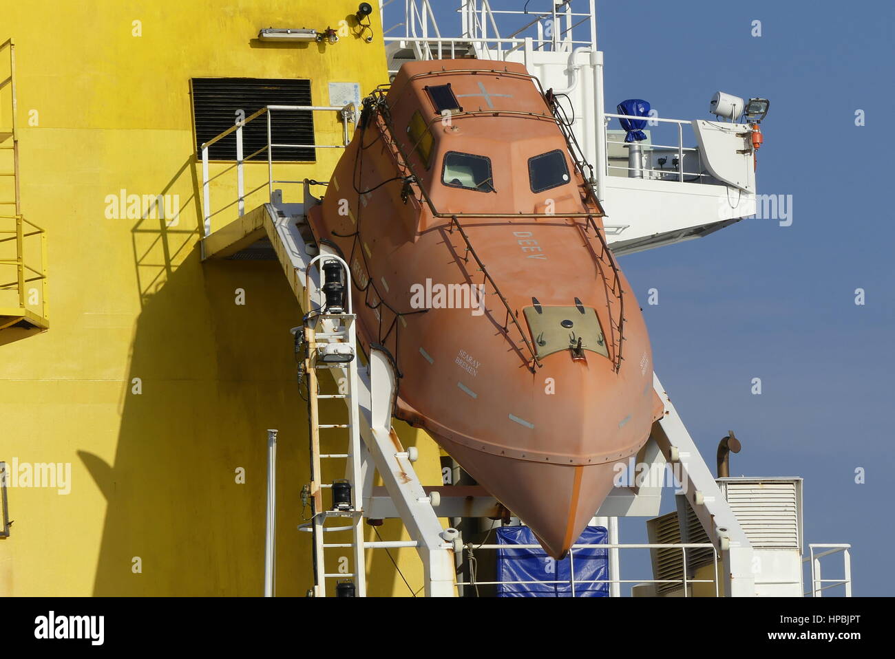 Lorient, France- December 16, 2016:Details of modern life boat on board Oil tanker ship. Stock Photo