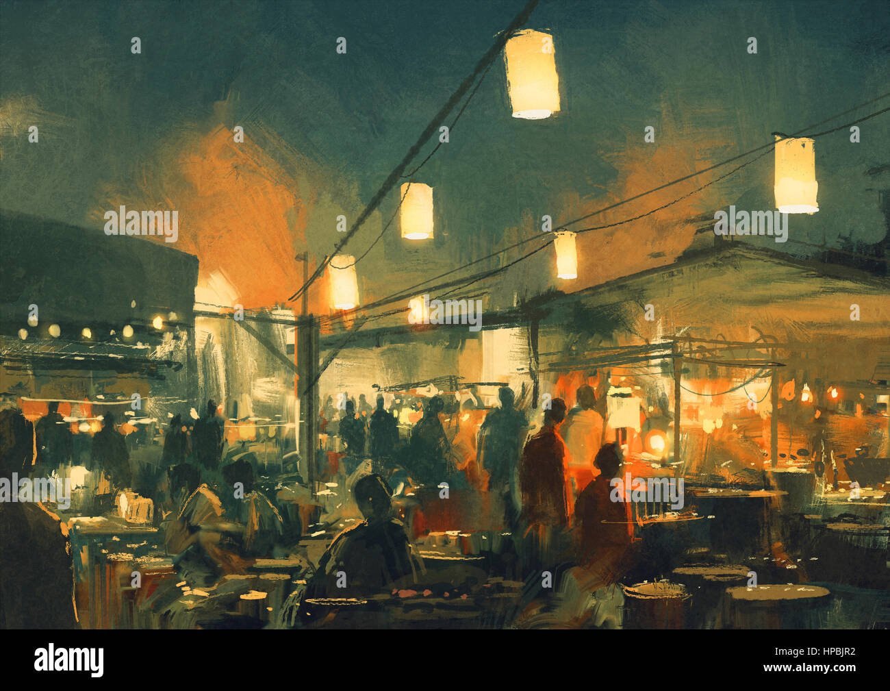 crowd of people walking in the market at night,digital painting Stock ...