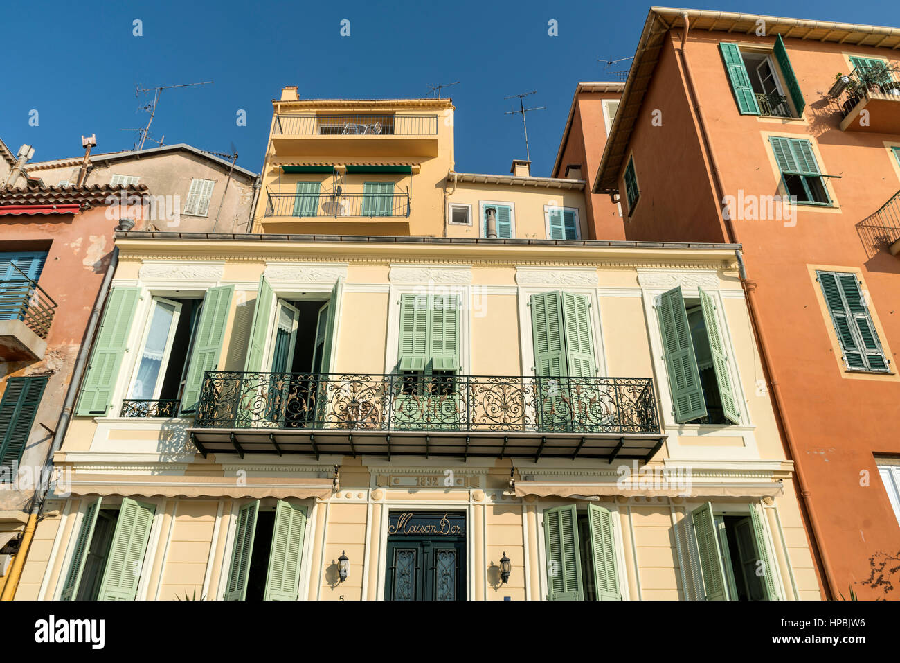 Colorful facades, Villefranche sur mer, Cote d Azur, South of France Stock Photo