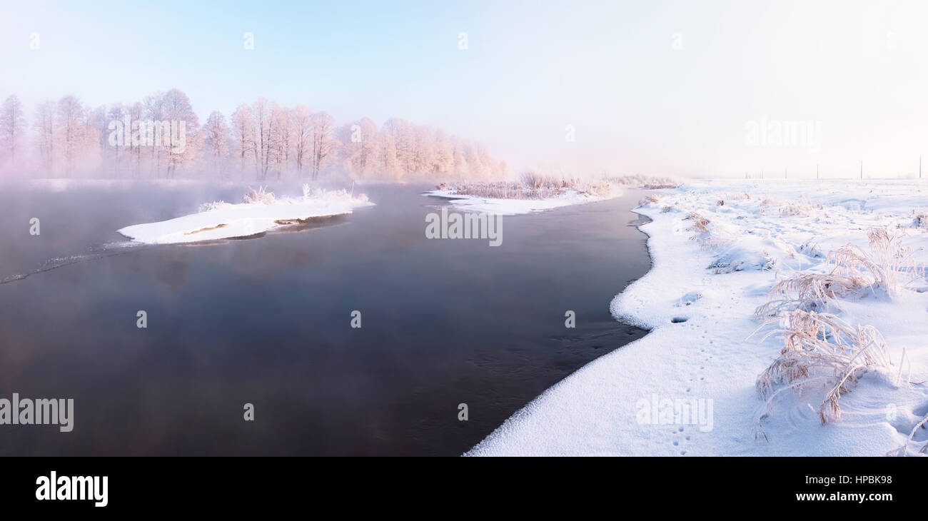 Smoke coming from river in freezing morning Stock Photo