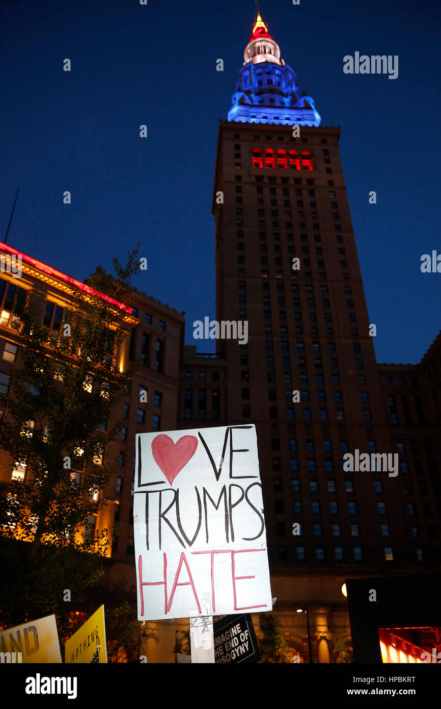 A protest sign is seen outside of the Republican National Convention on July 21, 2016. Cleveland, Ohio, United States. Stock Photo