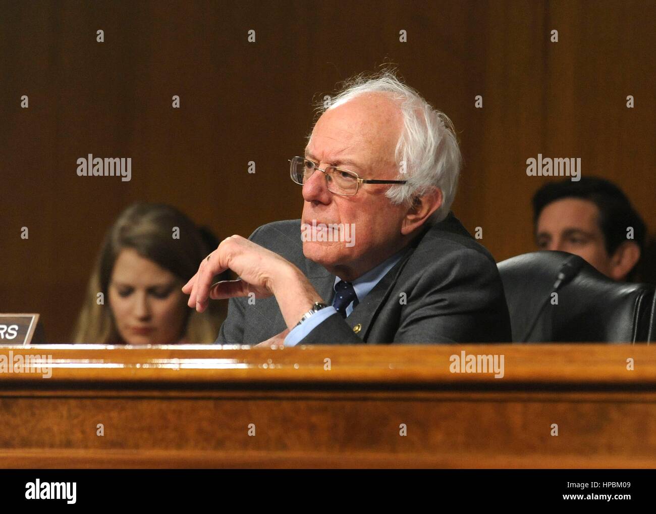 U.S. Senator Bernie Sanders, of Vermont asks a question of Dr. David Shulkin during confirmation hearings in the Senate Veterans Affairs Committee February 1, 2017 in Washington, DC. Shulkin was confirmed as the new head of the Veterans Affairs administration by a unanimous vote. Stock Photo