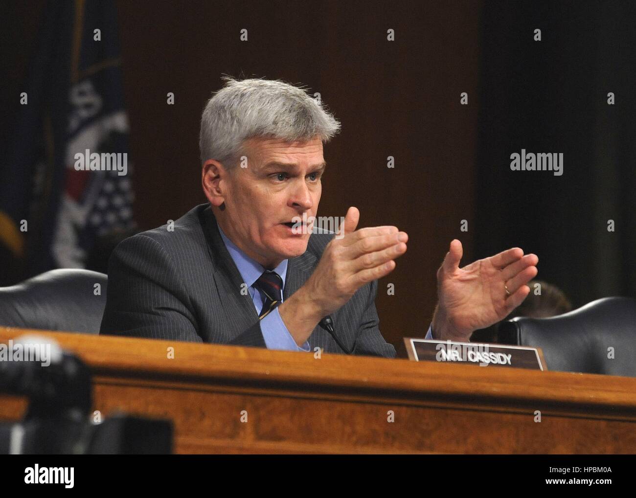 U.S. Senator Bill Cassidy, of Louisiana asks a question of Dr. David Shulkin during confirmation hearings in the Senate Veterans Affairs Committee February 1, 2017 in Washington, DC. Shulkin was confirmed as the new head of the Veterans Affairs administration by a unanimous vote. Stock Photo