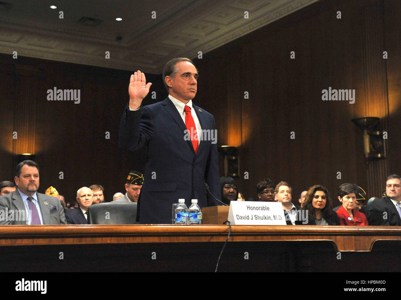 U.S. Under Secretary of Veterans Affairs Dr. David Shulkin is sworn in before testifying in the Senate Veterans Affairs Committee on his nomination as Secretary of the Department of Veterans Affairs February 1, 2017 in Washington, DC. Shulkin was confirmed as the new head of the Veterans Affairs administration by a unanimous vote. Stock Photo