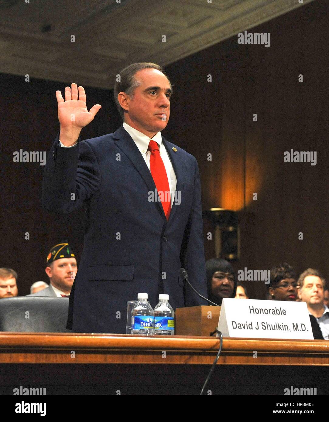 U.S. Under Secretary of Veterans Affairs Dr. David Shulkin is sworn in before testifying in the Senate Veterans Affairs Committee on his nomination as Secretary of the Department of Veterans Affairs February 1, 2017 in Washington, DC. Shulkin was confirmed as the new head of the Veterans Affairs administration by a unanimous vote. Stock Photo
