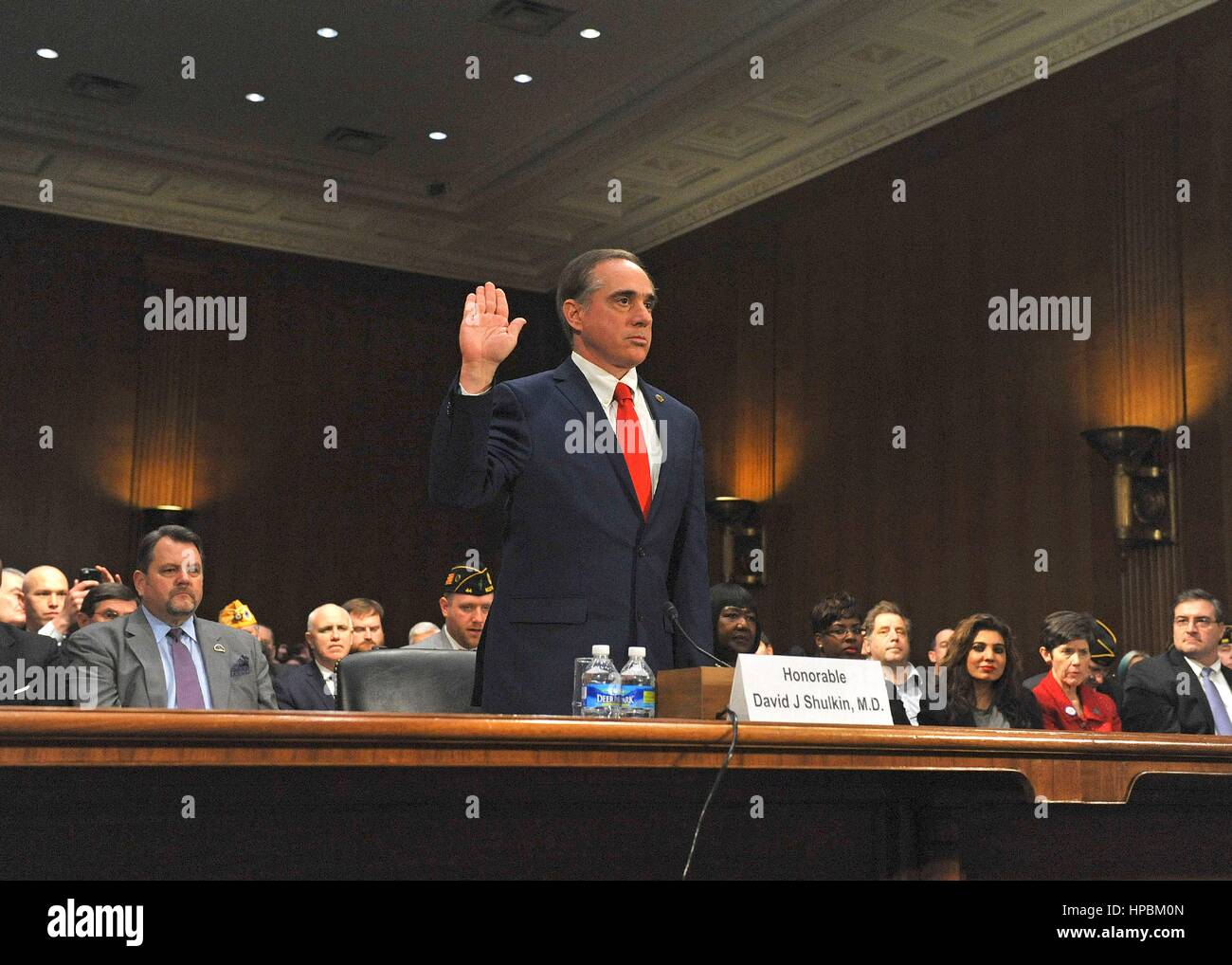 U.S. Under Secretary of Veterans Affairs Dr. David Shulkin is sworn in before testifying in the Senate Veterans Affairs Committee on his nomination as Secretary of the Department of Veterans Affairs February 1, 2017 in Washington, DC. Shulkin was confirmed as the new head of the Veterans Affairs administration by a unanimous vote. Stock Photo