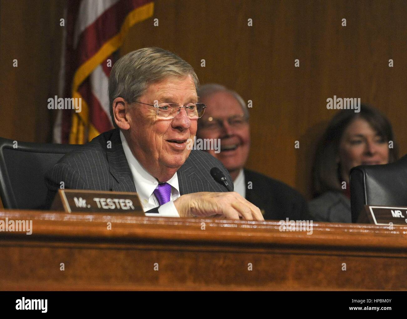 U.S. Senator Johnny Isakson, of Georgia asks a question of Dr. David Shulkin during confirmation hearings in the Senate Veterans Affairs Committee February 1, 2017 in Washington, DC. Shulkin was confirmed as the new head of the Veterans Affairs administration by a unanimous vote. Stock Photo