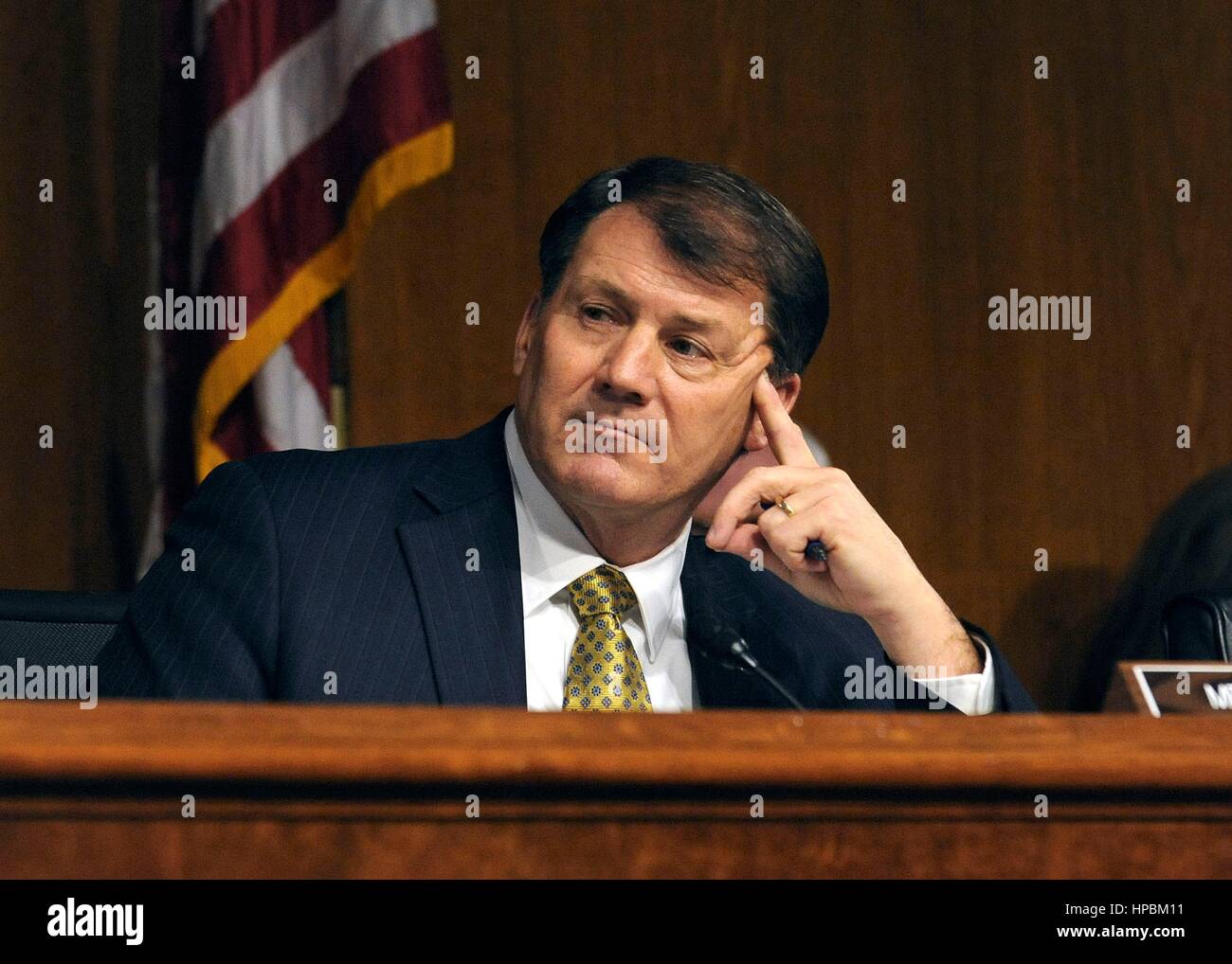 U.S. Senator Mike Rounds, of South Dakota asks a question of Dr. David Shulkin during confirmation hearings in the Senate Veterans Affairs Committee February 1, 2017 in Washington, DC. Shulkin was confirmed as the new head of the Veterans Affairs administration by a unanimous vote. Stock Photo