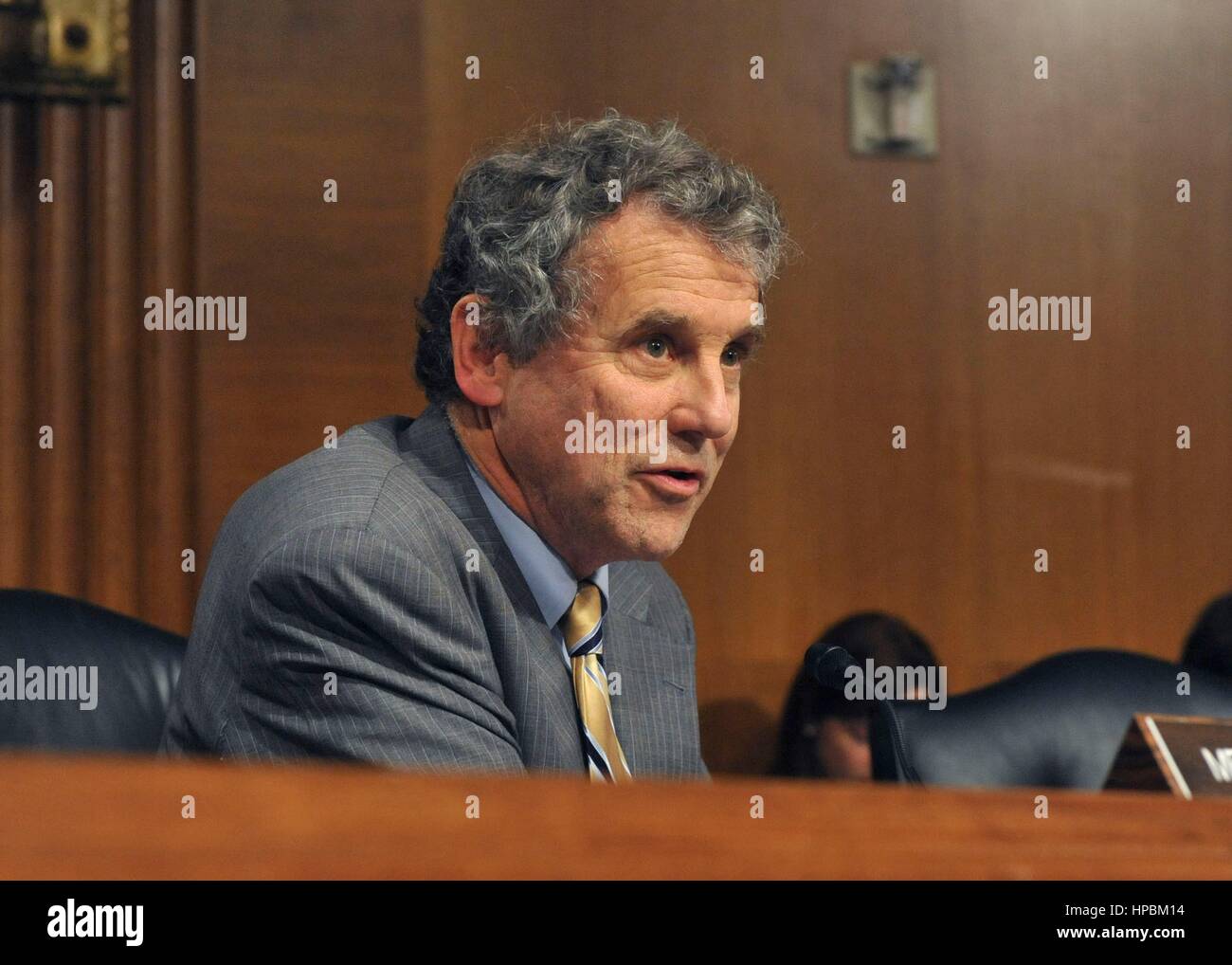 U.S. Senator Sherrod Brown, of Ohio asks a question of Dr. David Shulkin during confirmation hearings in the Senate Veterans Affairs Committee February 1, 2017 in Washington, DC. Shulkin was confirmed as the new head of the Veterans Affairs administration by a unanimous vote. Stock Photo
