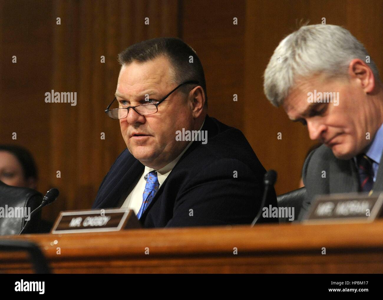U.S. Senator Jon Tester, of Montana asks a question of Dr. David Shulkin during confirmation hearings in the Senate Veterans Affairs Committee February 1, 2017 in Washington, DC. Shulkin was confirmed as the new head of the Veterans Affairs administration by a unanimous vote. Stock Photo