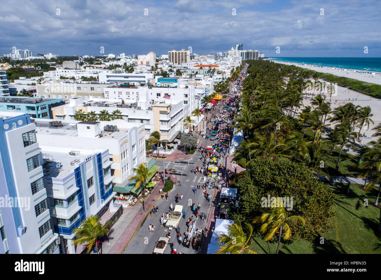 Miami Beach Florida,Ocean Drive,Art Deco Weekend,festival,Lummus Park,Atlantic Ocean,hotels,aerial overhead from above view,water,FL170115002 Stock Photo