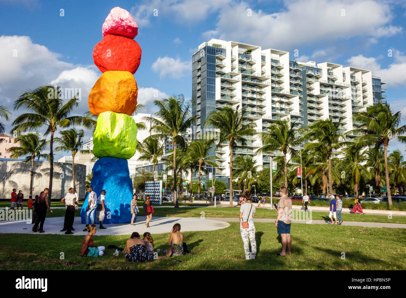Florida South,Miami Beach,Collins Park,Art Basel,art artwork fair,Public sector,outdoor sculpture,Miami Mountain,Ugo Rondinone,W Hotel,visitors travel Stock Photo