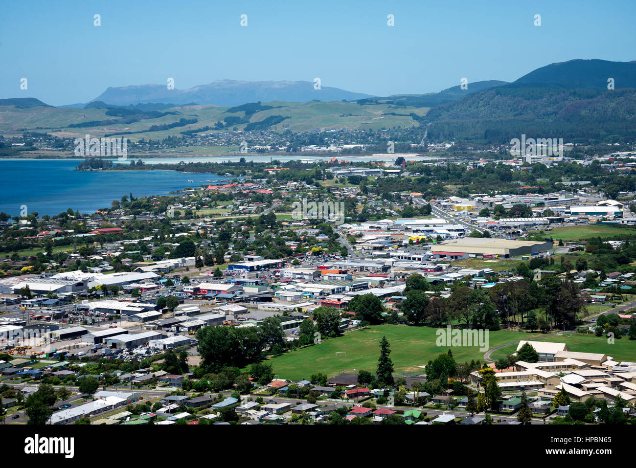 Rotorua city view and mountains background, New Zealand, North Island Stock Photo