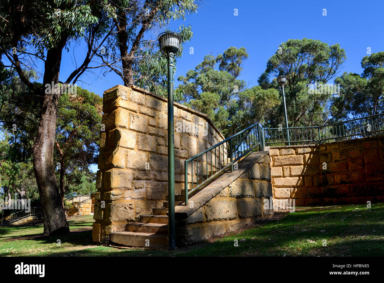 Scenic lightpost and brick stairway in Neil Hawkins Park in Joondalup, Western Australia Stock Photo