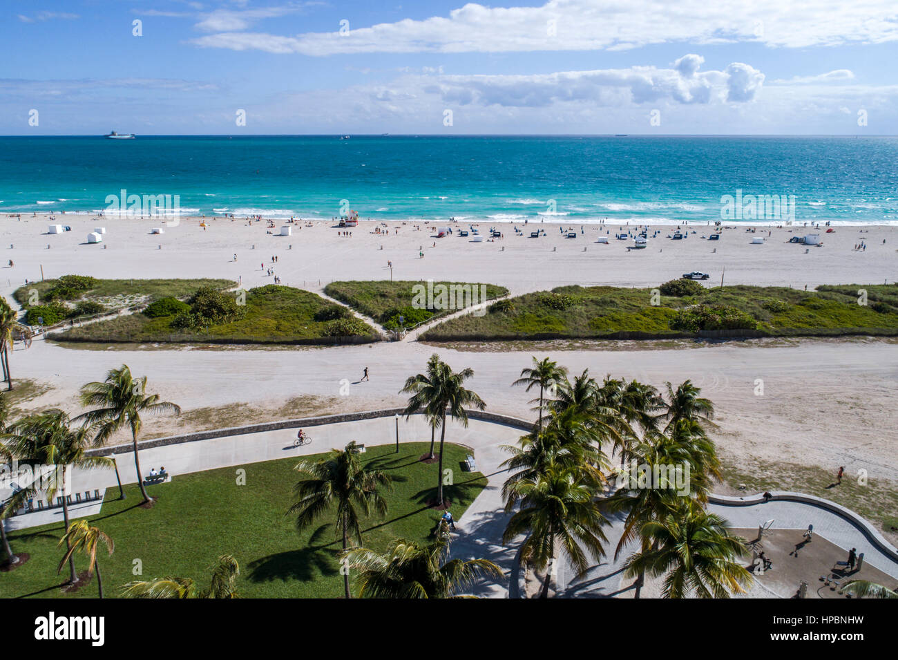 Florida South,Miami Beach,Lummus Park,Atlantic Ocean water,public beach beaches,aerial overhead from above view,water,visitors travel traveling tour t Stock Photo