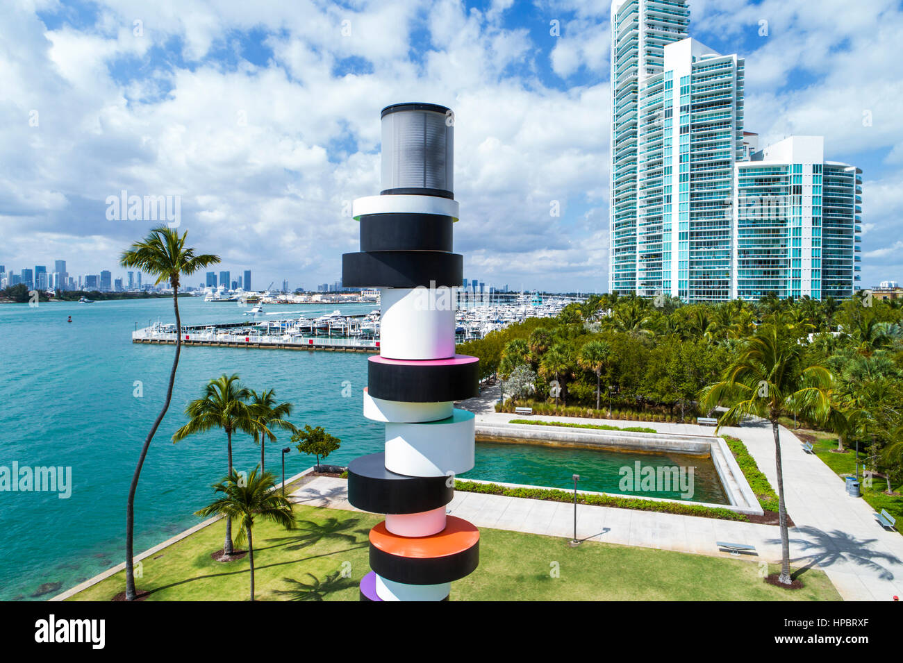 Miami Beach Florida,South Pointe Park,Biscayne Bay,Obstinate Lighthouse,public art,high rise building,residential,Murano Portofino,aerial overhead fro Stock Photo